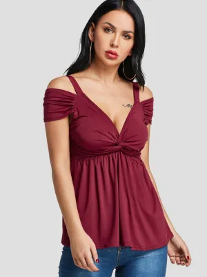 Custom Cold Shoulder Pleated Twist Short Sleeve Top