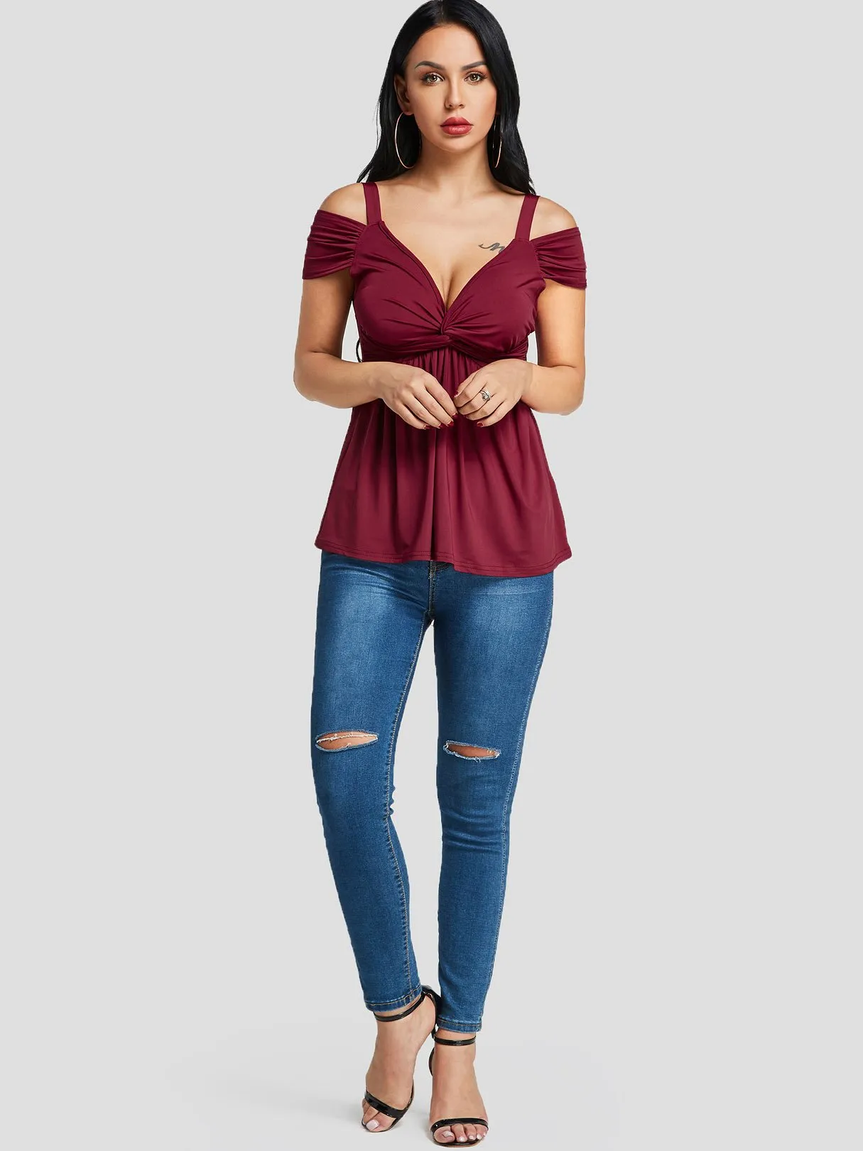 Custom Cold Shoulder Pleated Twist Short Sleeve Top