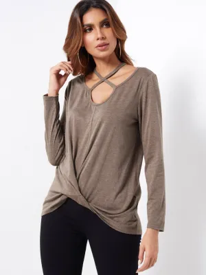 Custom Plain Cut Out Long Sleeve Coffee T-Shirts