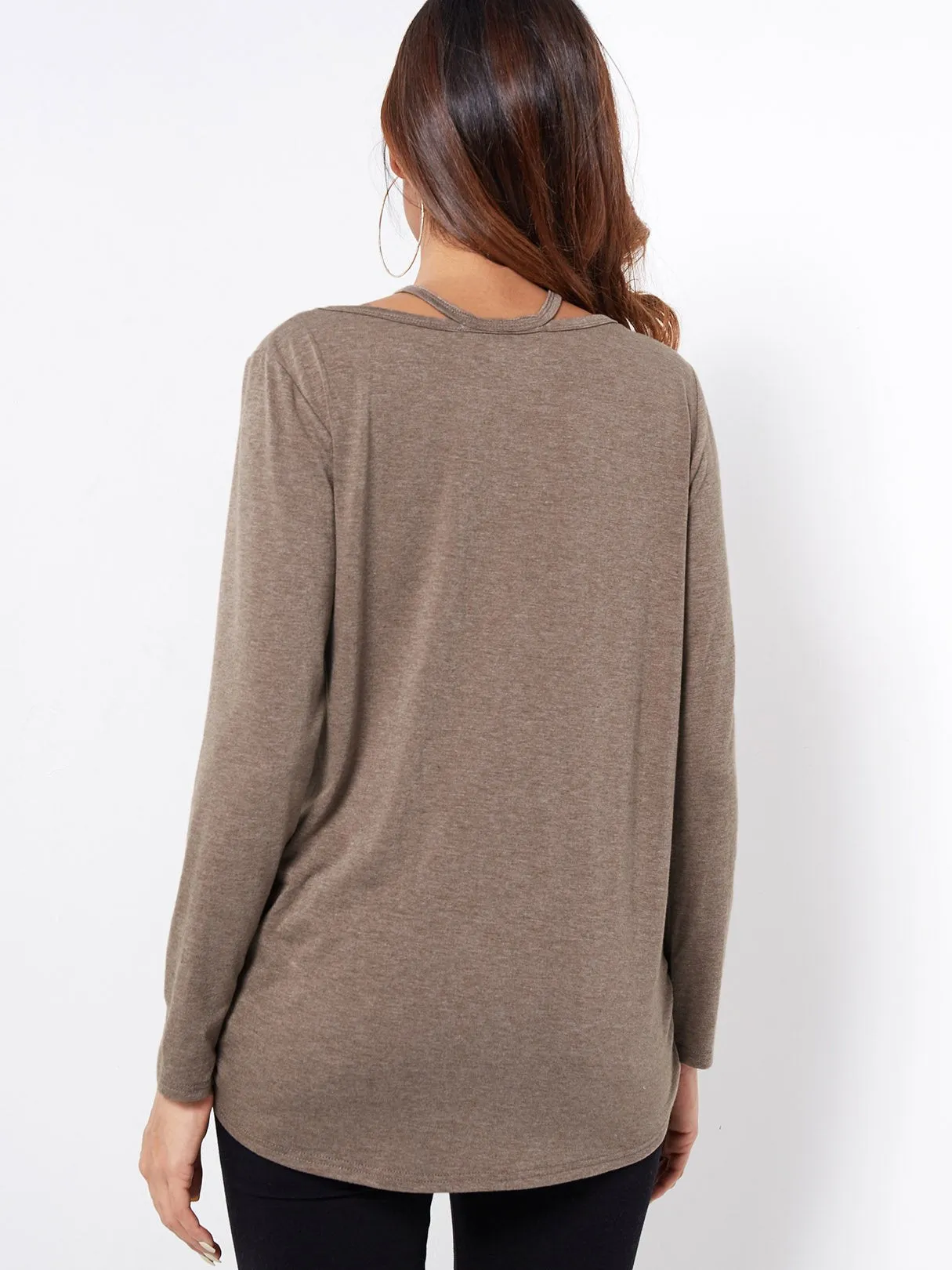 Custom Plain Cut Out Long Sleeve Coffee T-Shirts