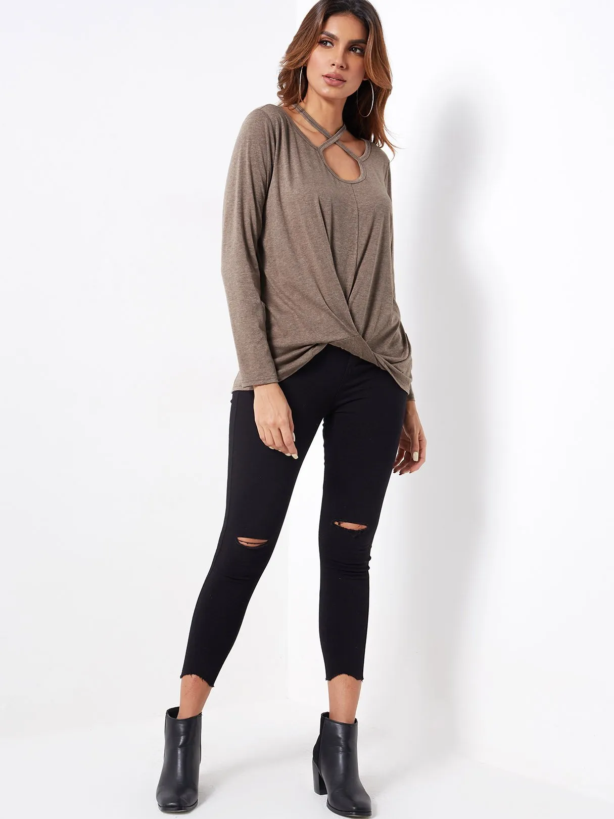 Custom Plain Cut Out Long Sleeve Coffee T-Shirts