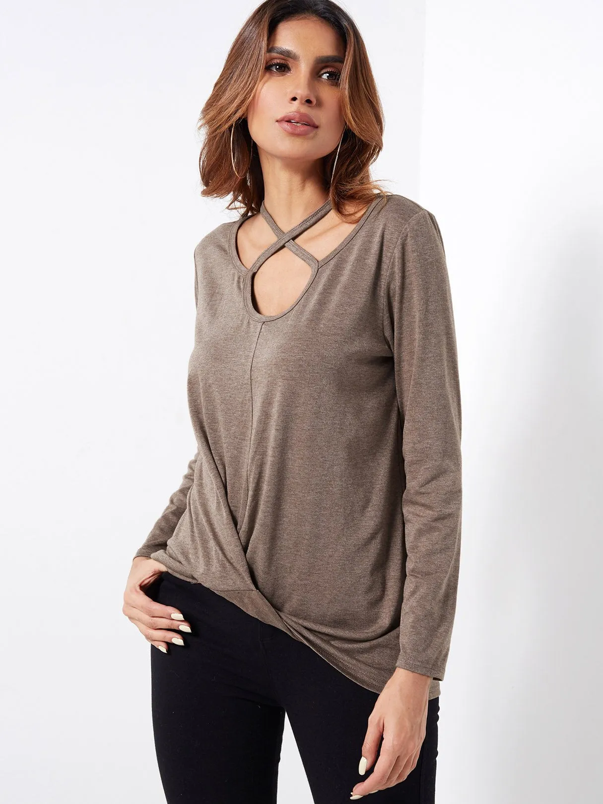 Custom Plain Cut Out Long Sleeve Coffee T-Shirts