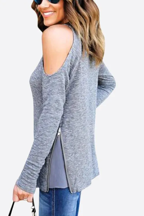 Custom Round Neck Cold Shoulder Long Sleeve Grey Tee