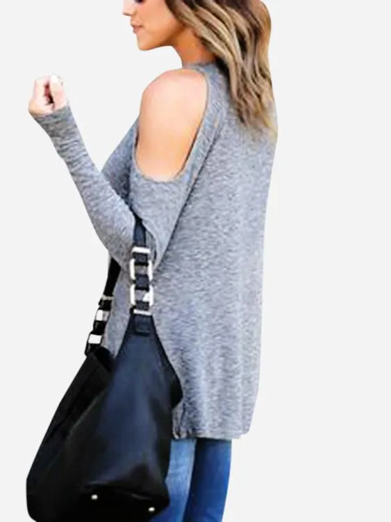 Custom Round Neck Cold Shoulder Long Sleeve Grey Tee