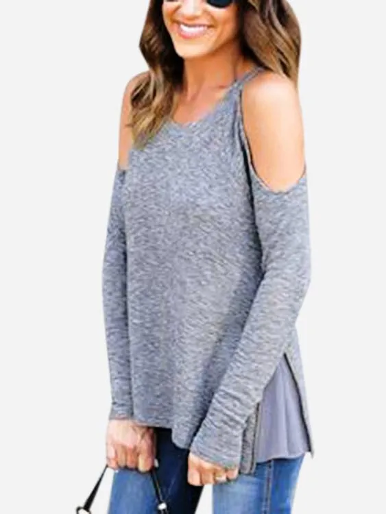 Custom Round Neck Cold Shoulder Long Sleeve Grey Tee