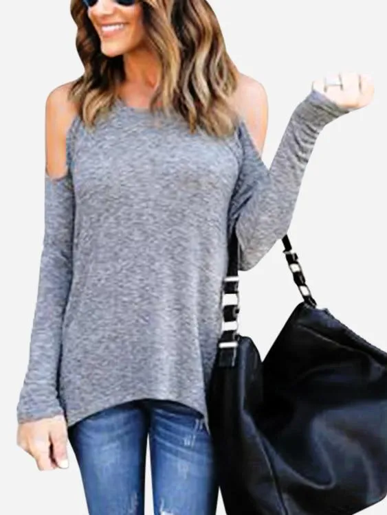 Custom Round Neck Cold Shoulder Long Sleeve Grey Tee