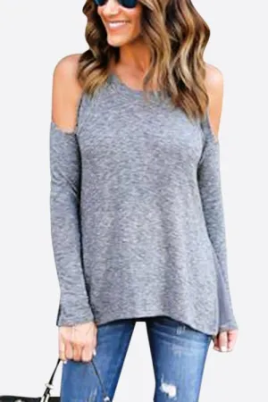 Custom Round Neck Cold Shoulder Long Sleeve Grey Tee