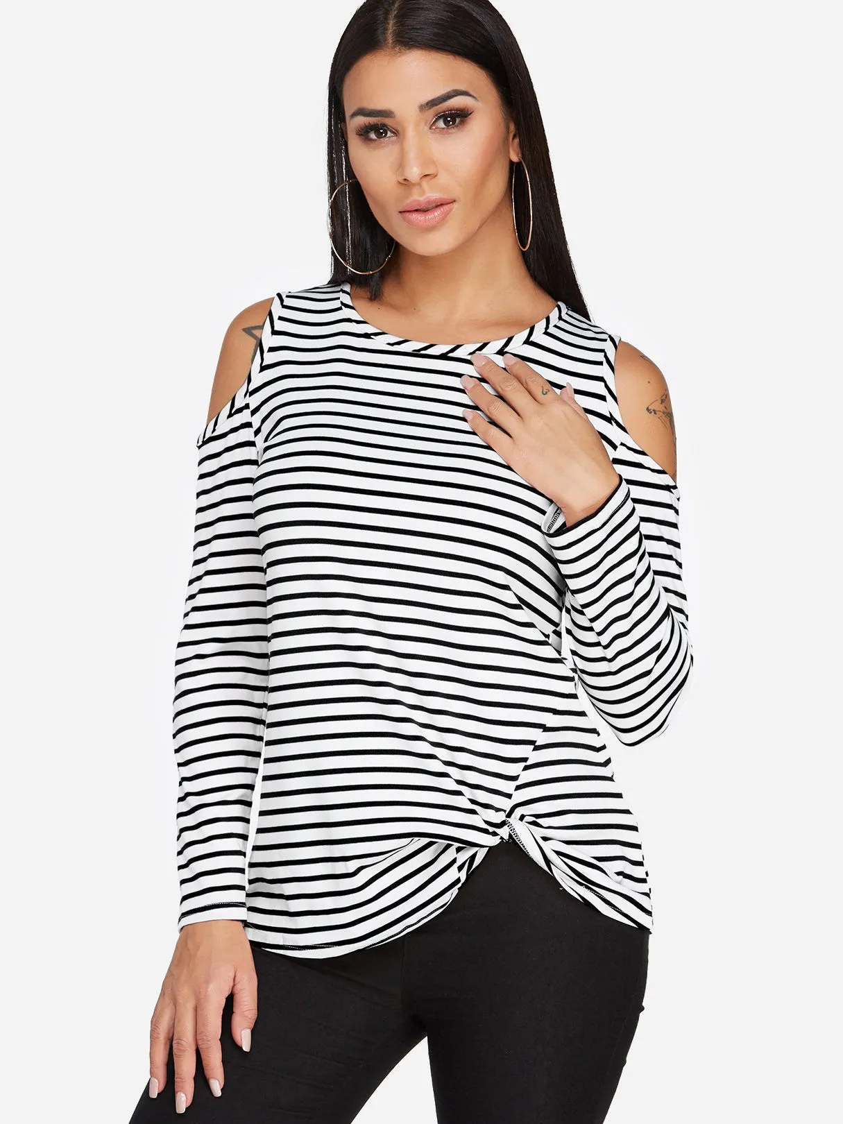 Custom Round Neck Stripe Crossed Front Cut Out Long Sleeve Irregular Hem T-Shirts