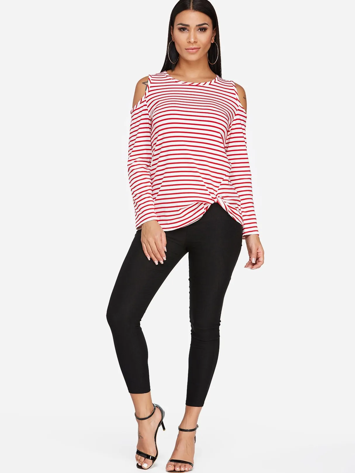 Custom Round Neck Stripe Crossed Front Cut Out Long Sleeve Irregular Hem T-Shirts