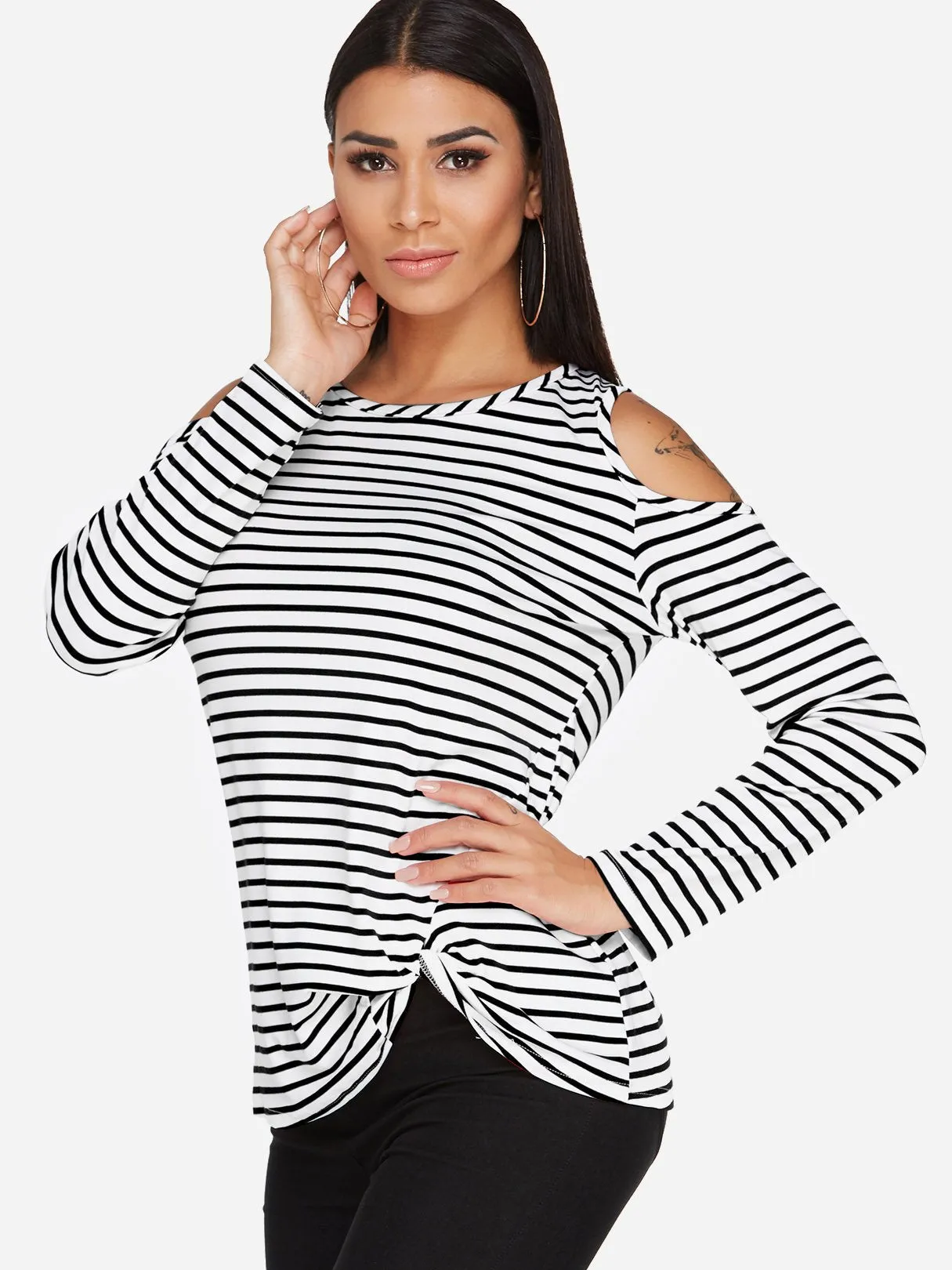 Custom Round Neck Stripe Crossed Front Cut Out Long Sleeve Irregular Hem T-Shirts