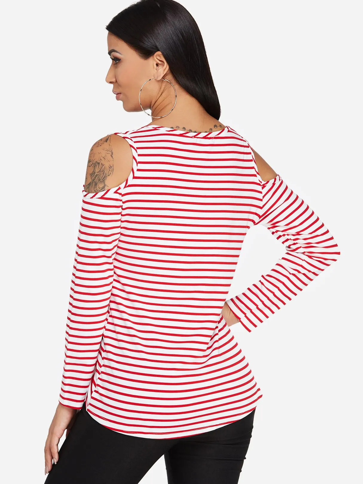Custom Round Neck Stripe Crossed Front Cut Out Long Sleeve Irregular Hem T-Shirts