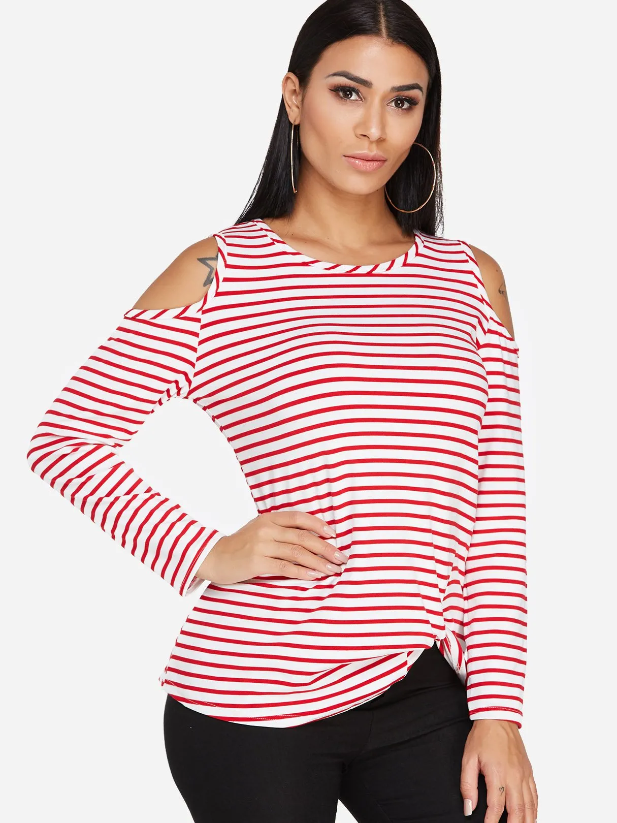 Custom Round Neck Stripe Crossed Front Cut Out Long Sleeve Irregular Hem T-Shirts