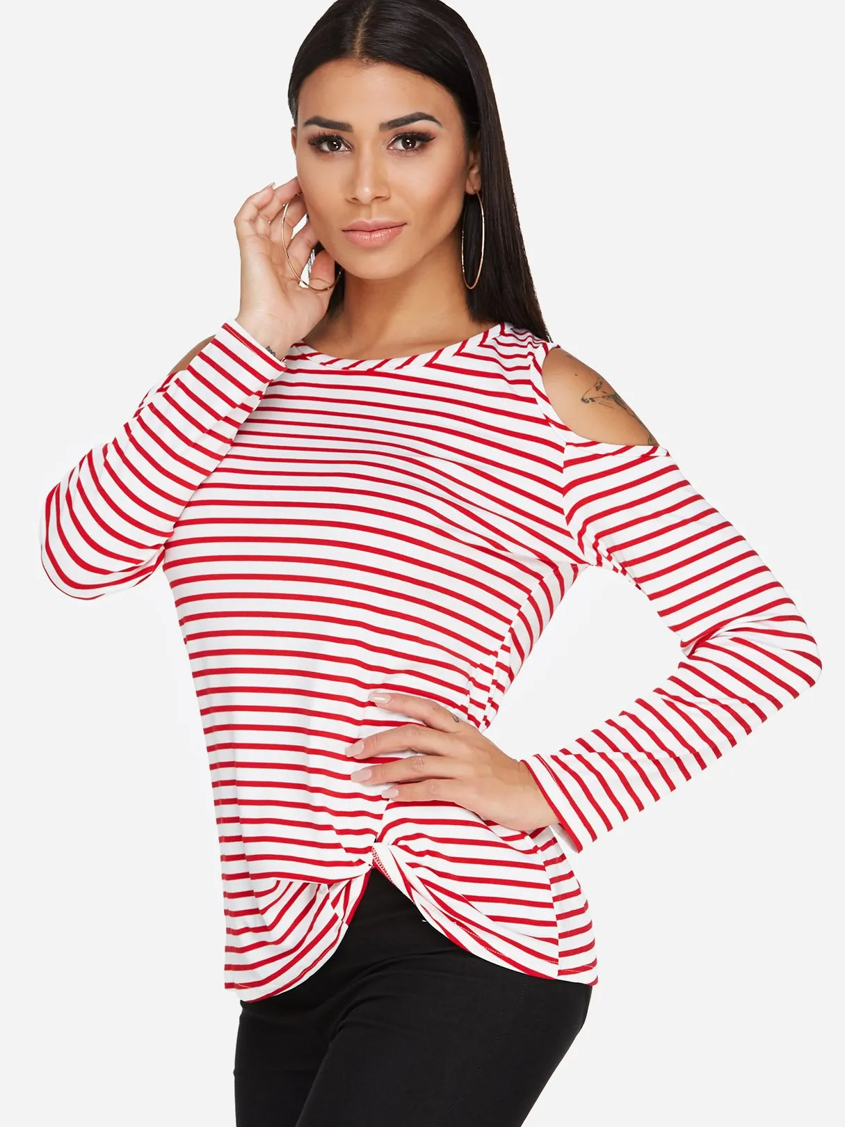 Custom Round Neck Stripe Crossed Front Cut Out Long Sleeve Irregular Hem T-Shirts