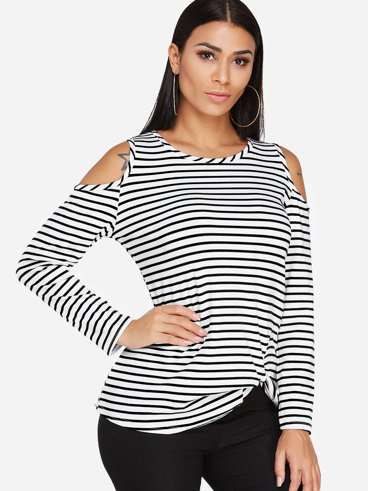 Custom Round Neck Stripe Crossed Front Cut Out Long Sleeve Irregular Hem T-Shirts