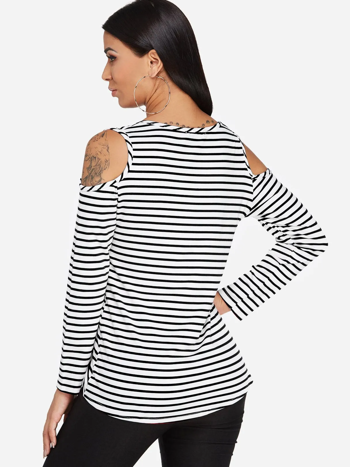 Custom Round Neck Stripe Crossed Front Cut Out Long Sleeve Irregular Hem T-Shirts