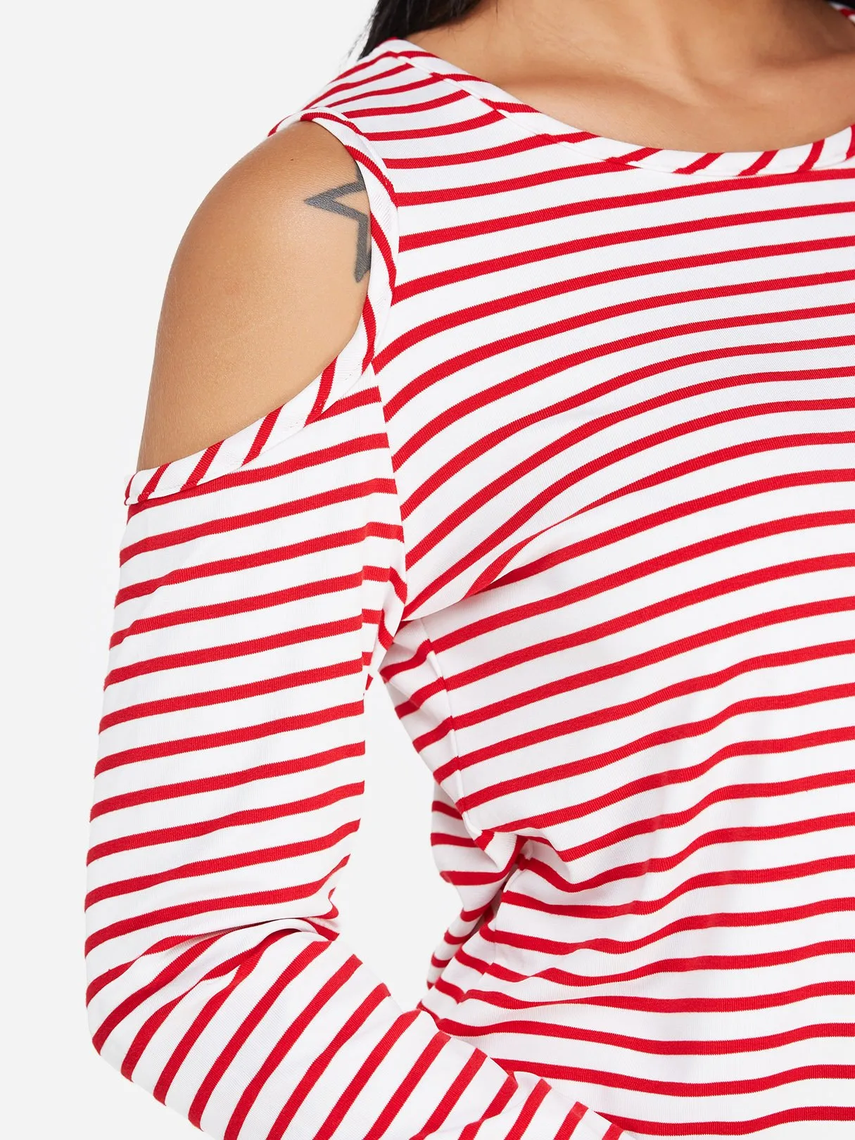 Custom Round Neck Stripe Crossed Front Cut Out Long Sleeve Irregular Hem T-Shirts