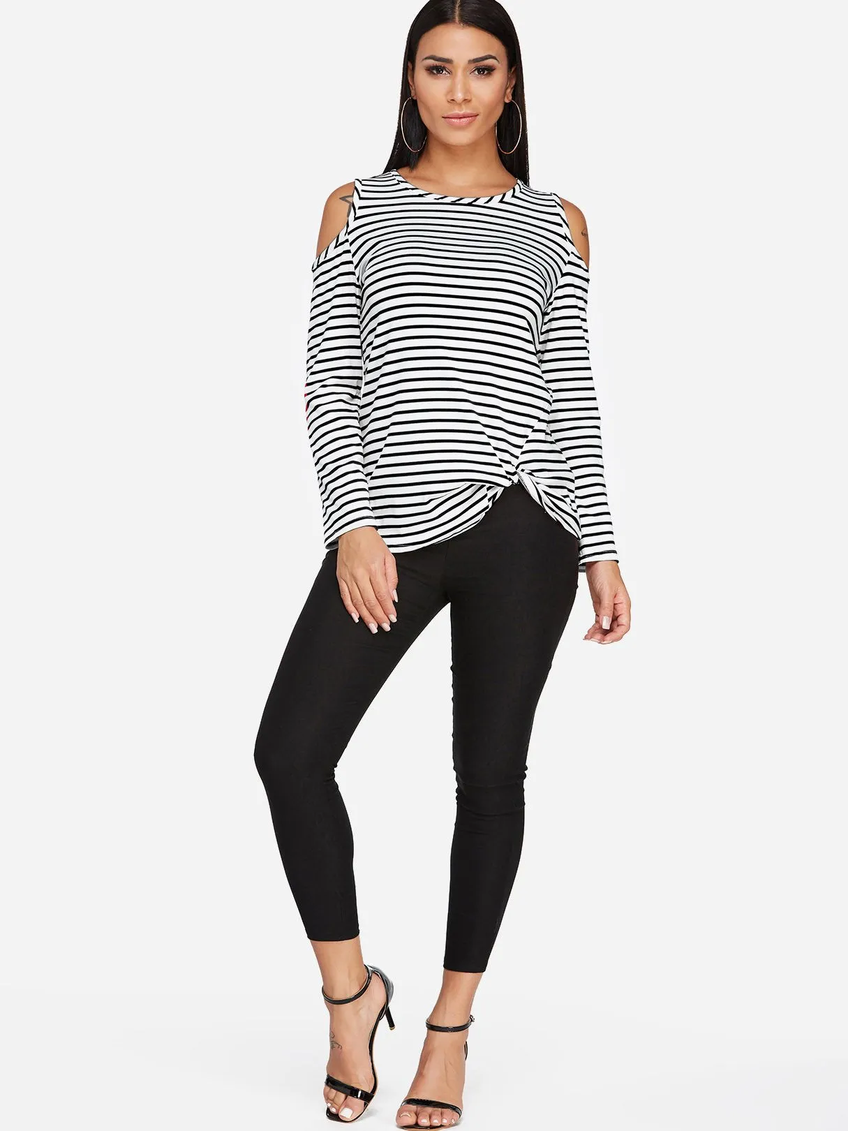Custom Round Neck Stripe Crossed Front Cut Out Long Sleeve Irregular Hem T-Shirts