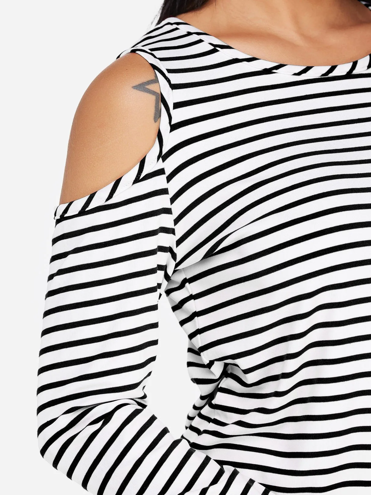 Custom Round Neck Stripe Crossed Front Cut Out Long Sleeve Irregular Hem T-Shirts