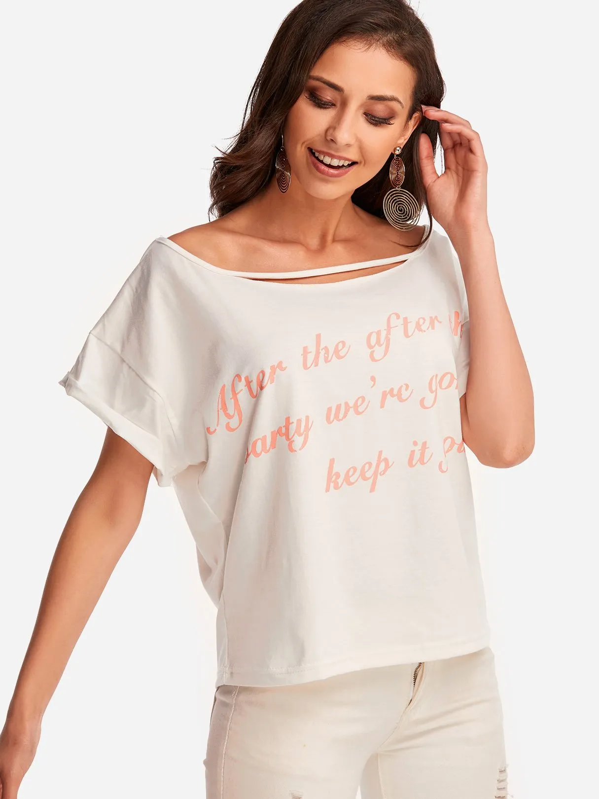 Custom Scoop Neck Letter Short Sleeve White T-Shirts