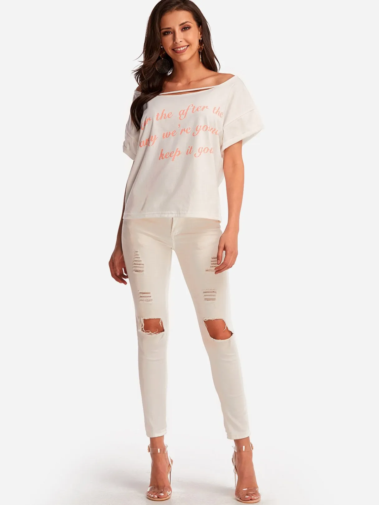Custom Scoop Neck Letter Short Sleeve White T-Shirts