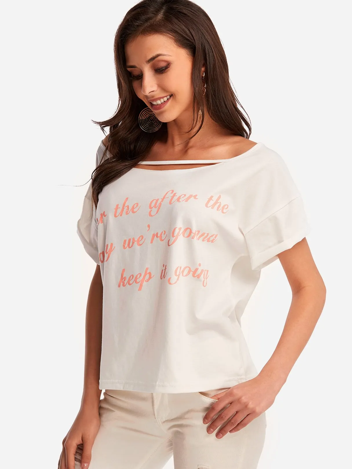 Custom Scoop Neck Letter Short Sleeve White T-Shirts