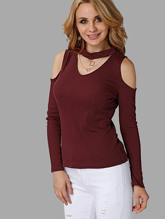 Custom V-Neck Cold Shoulder Hollow Long Sleeve Top