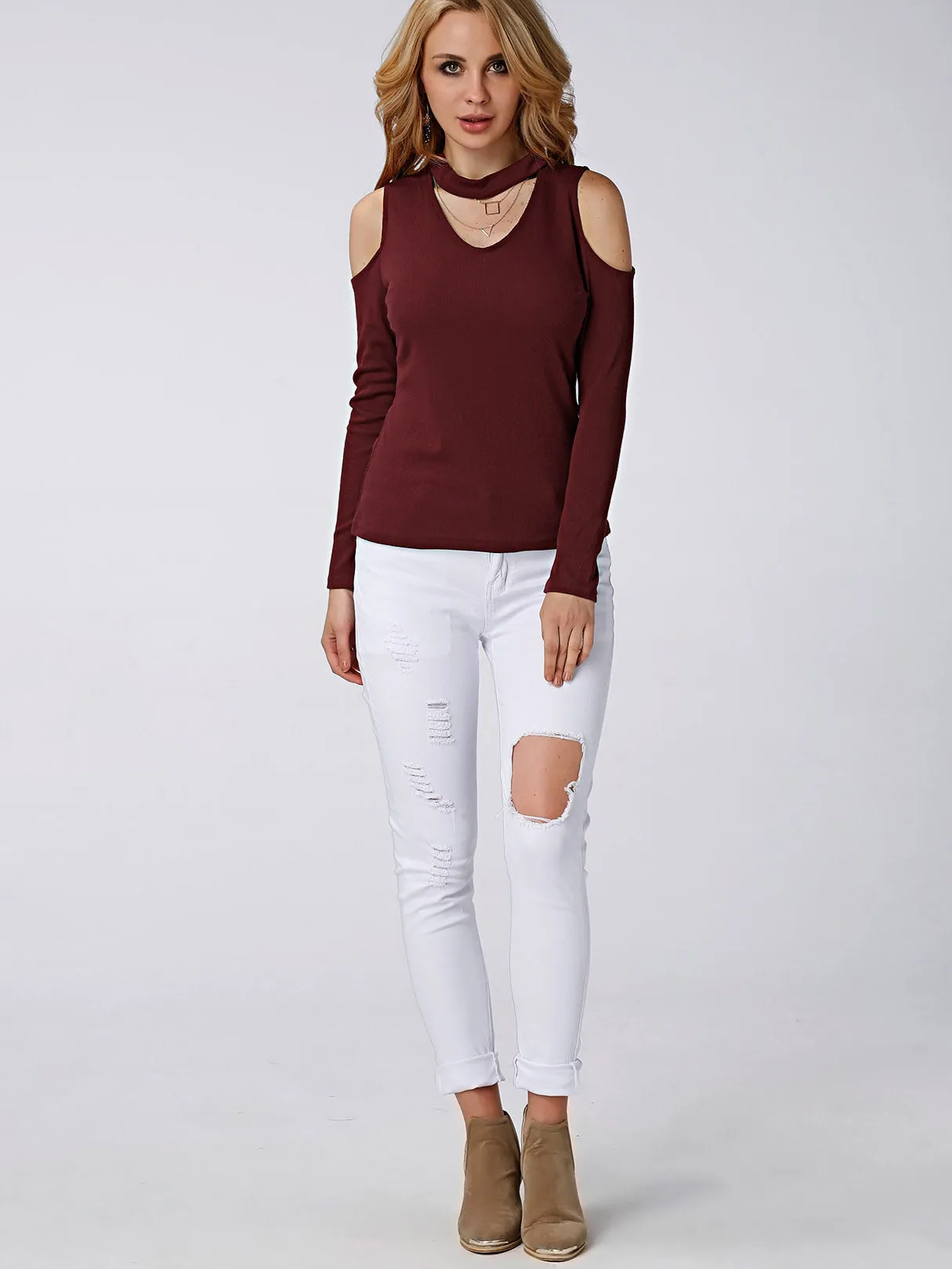 Custom V-Neck Cold Shoulder Hollow Long Sleeve Top