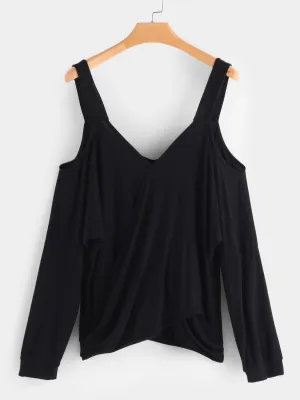 Custom V-Neck Cold Shoulder Plain Crossed Front Cut Out Long Sleeve Black T-Shirts