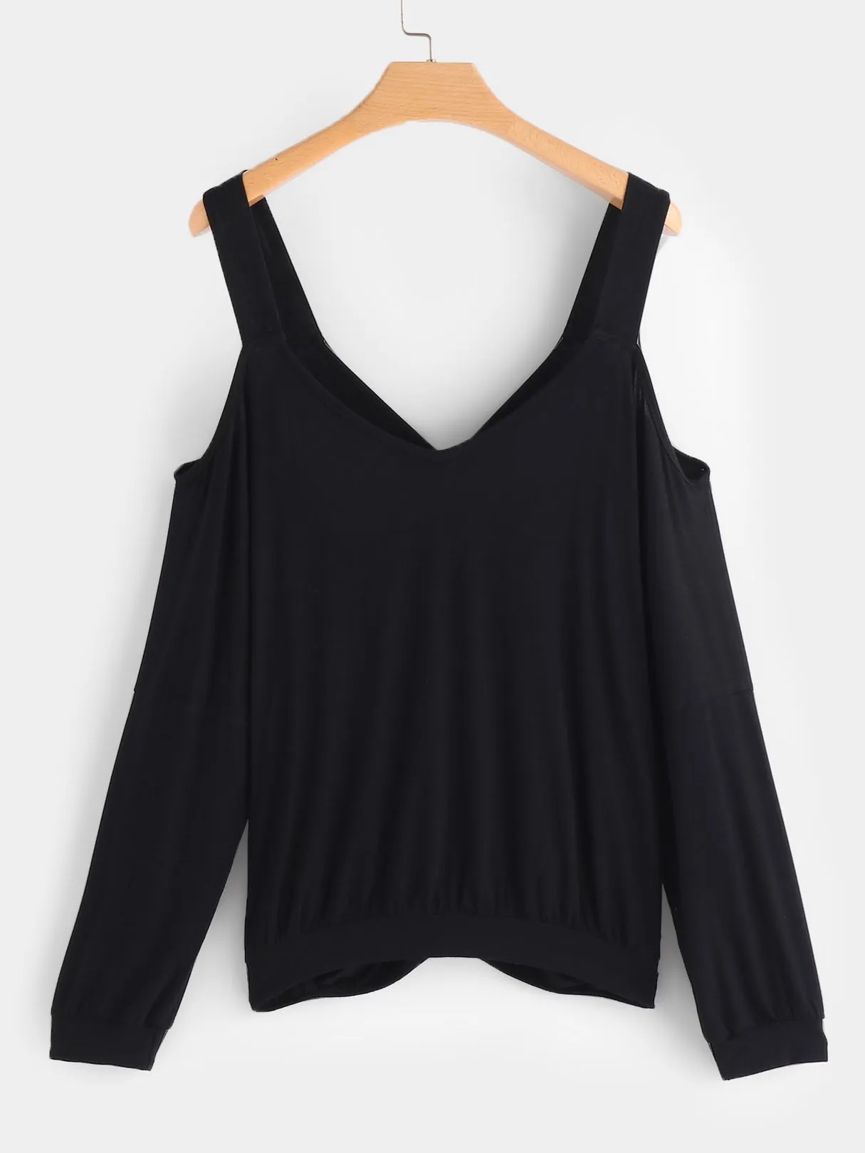 Custom V-Neck Cold Shoulder Plain Crossed Front Cut Out Long Sleeve Black T-Shirts