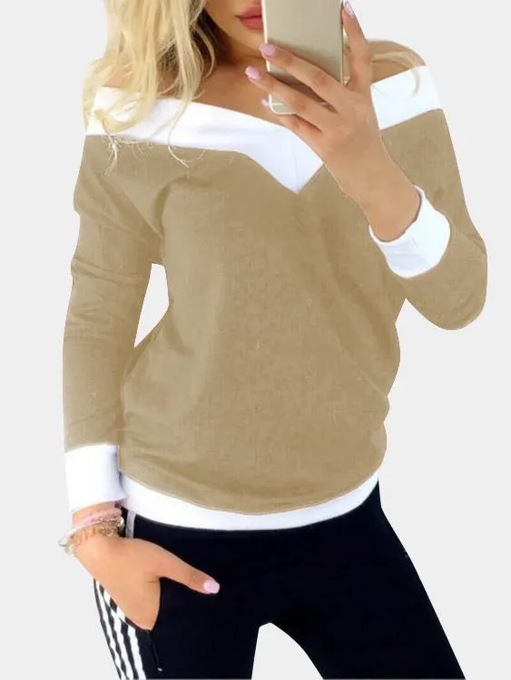 Custom V-Neck Off The Shoulder Plain Long Sleeve Bodycon Hem T-Shirts