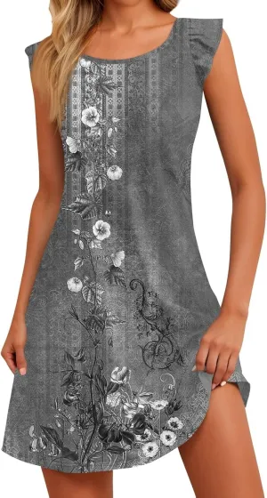Cute Dresses for Women Spring Summer Floral Printed Crew Neck Ruffled Sleeves Midi Beach Sundress Loose Daily Dress
