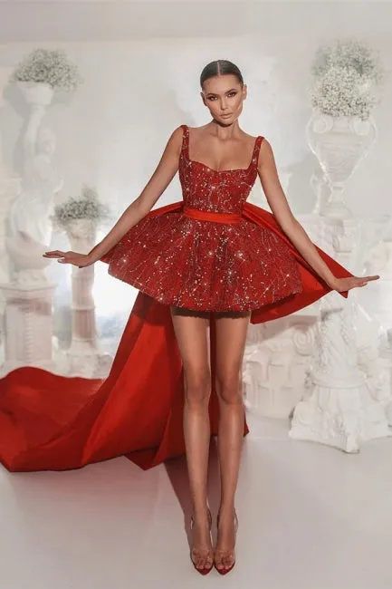 Designer Red Lace Straps Cocktail Dresses Short Glitter Sleeveless Prom Dresses