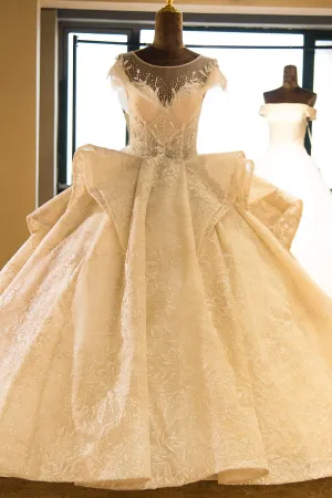 Elegant Illusion neck Cap Sleeve Appliques Tulle A-line Princess Wedding Dress