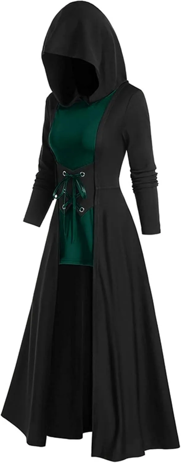FEOYA Gothic Hooded Sweatshirt Dress for Women High Low Medieval Cloak Robe Steampunk Halloween Dresses Pullover