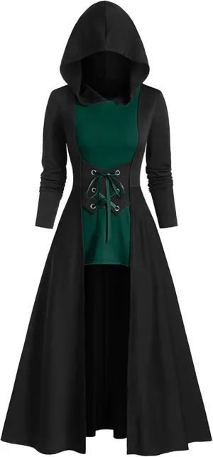 FEOYA Gothic Hooded Sweatshirt Dress for Women High Low Medieval Cloak Robe Steampunk Halloween Dresses Pullover