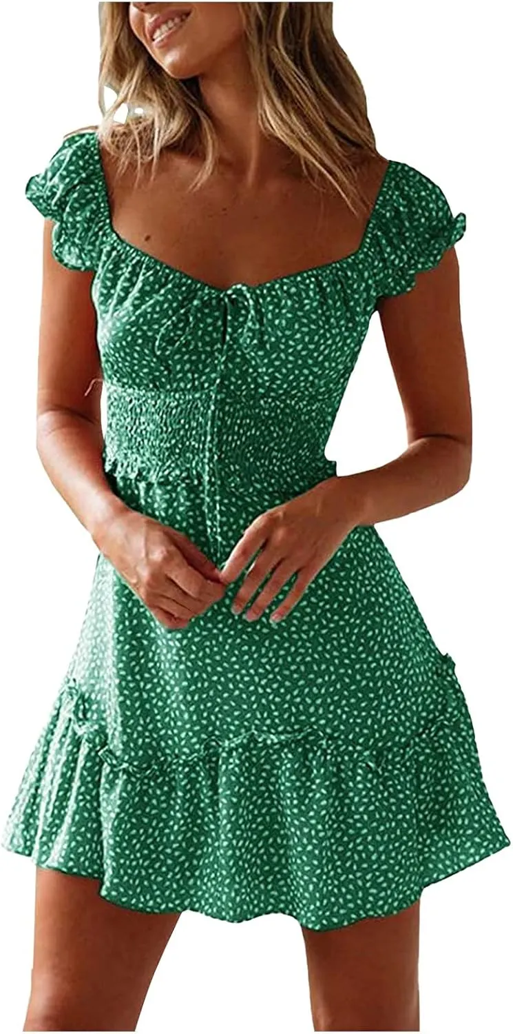 Floral Dress for Women Square Neck Ruffle Cap Sleeve Tie Front Mini Dress A Line Tiered Elastic Waist Summer Dresses