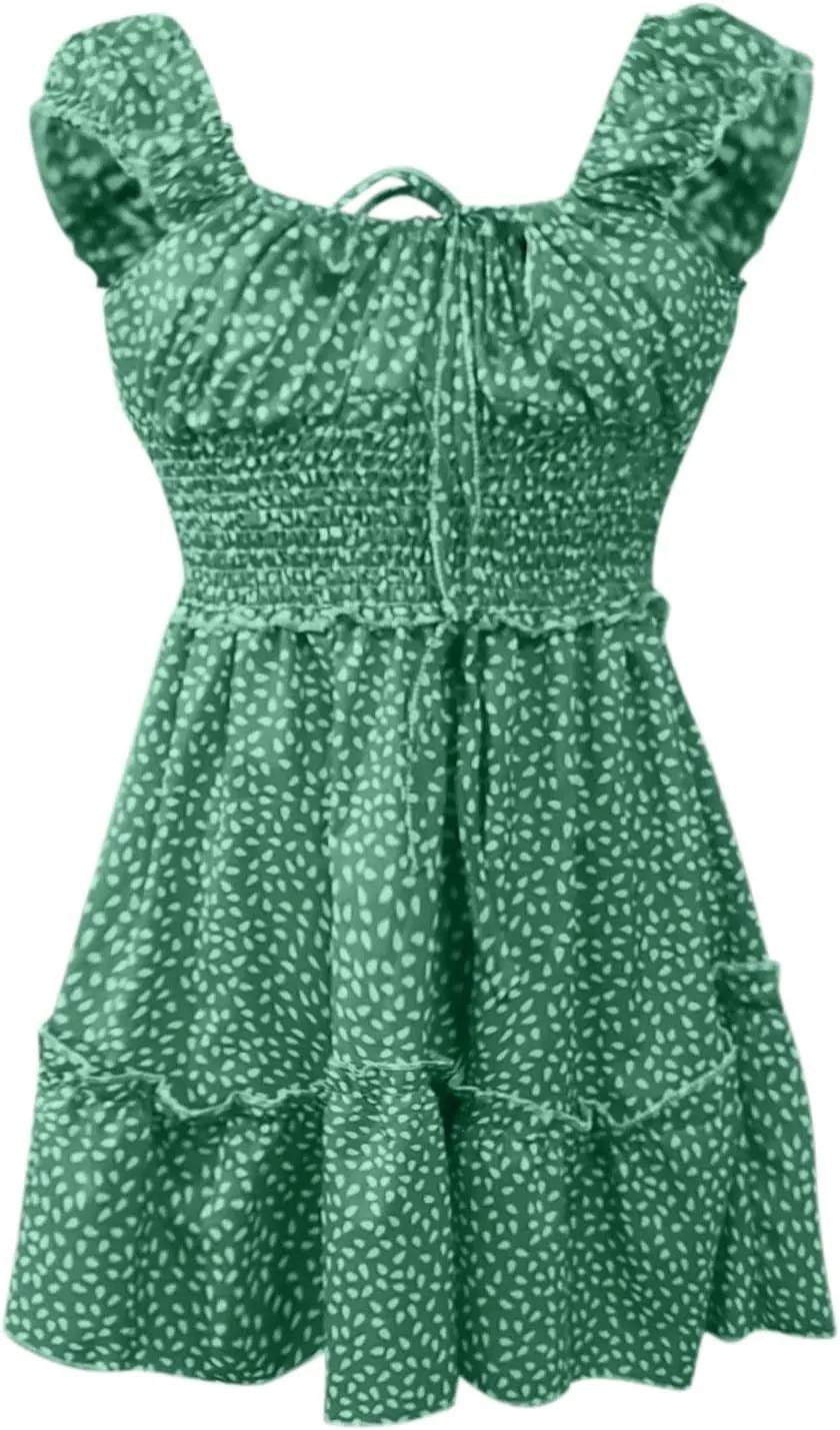 Floral Dress for Women Square Neck Ruffle Cap Sleeve Tie Front Mini Dress A Line Tiered Elastic Waist Summer Dresses