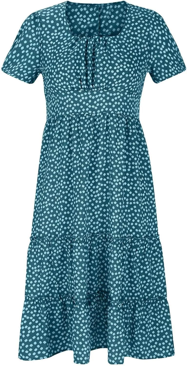Floral Dress for Women Sundress Casual Square Neck Dresses Boho Beach Vacation Dress High Waisted Summer Midi Dress
