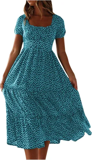 Floral Dress for Women Sundress Casual Square Neck Dresses Boho Beach Vacation Dress High Waisted Summer Midi Dress