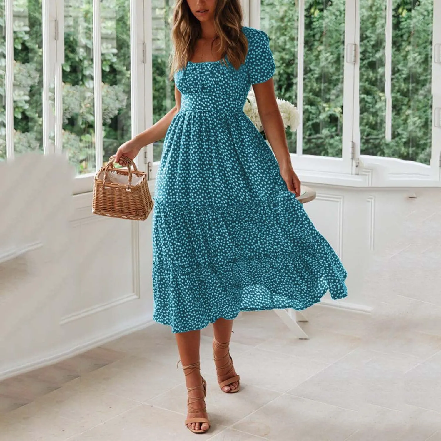 Floral Dress for Women Sundress Casual Square Neck Dresses Boho Beach Vacation Dress High Waisted Summer Midi Dress