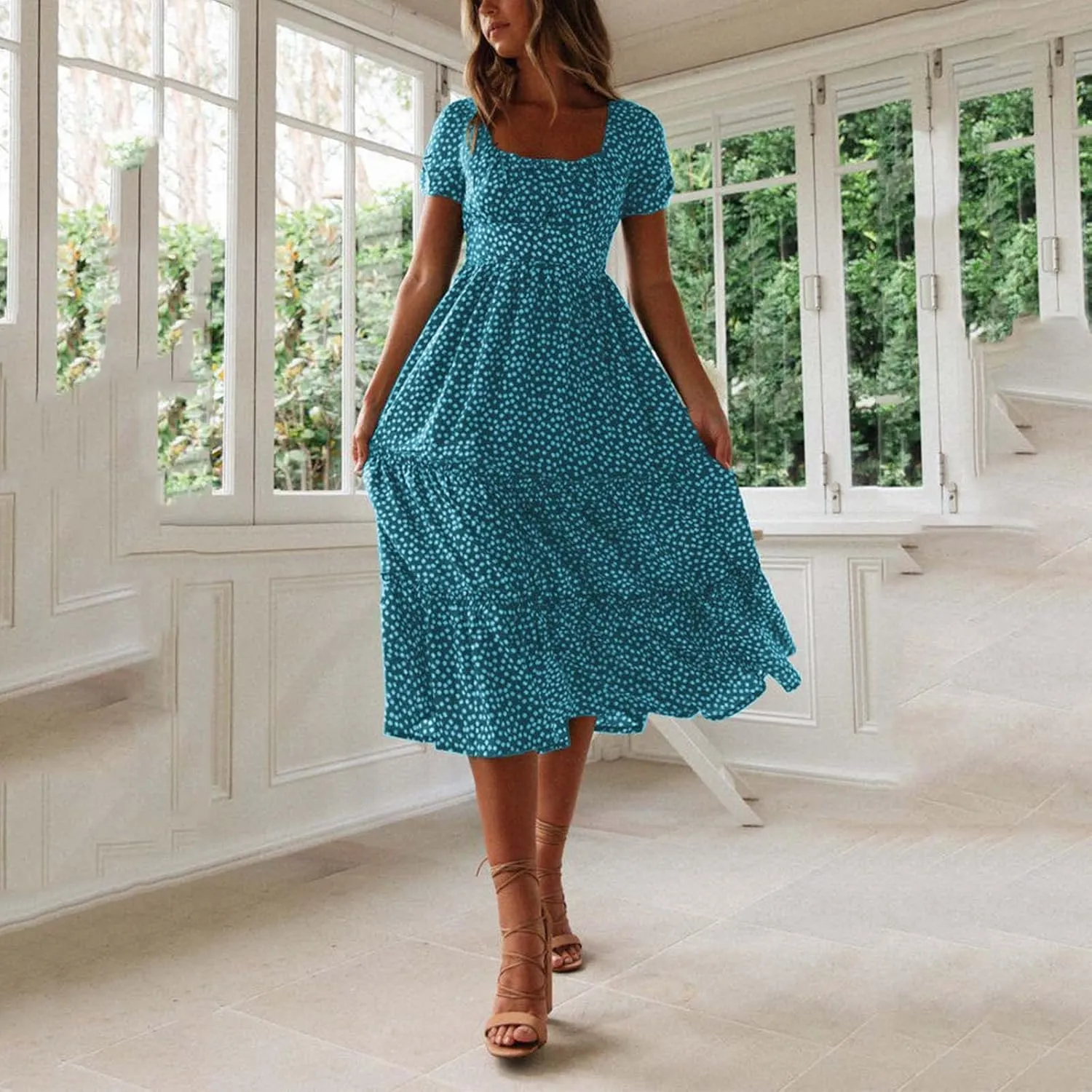 Floral Dress for Women Sundress Casual Square Neck Dresses Boho Beach Vacation Dress High Waisted Summer Midi Dress