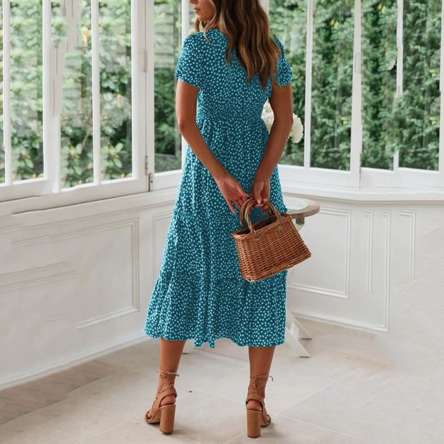 Floral Dress for Women Sundress Casual Square Neck Dresses Boho Beach Vacation Dress High Waisted Summer Midi Dress