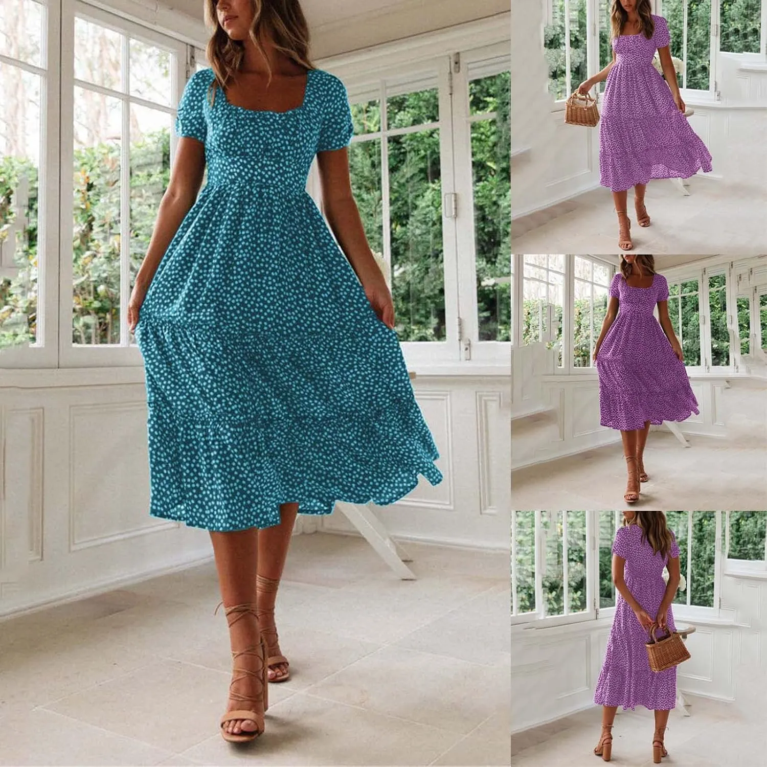 Floral Dress for Women Sundress Casual Square Neck Dresses Boho Beach Vacation Dress High Waisted Summer Midi Dress