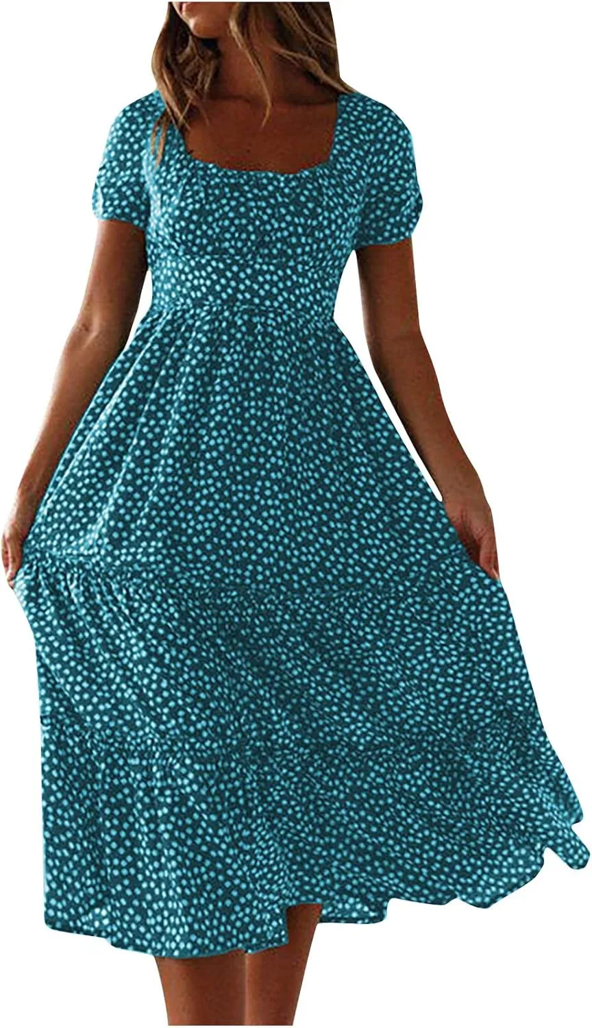 Floral Dress for Women Sundress Casual Square Neck Dresses Boho Beach Vacation Dress High Waisted Summer Midi Dress