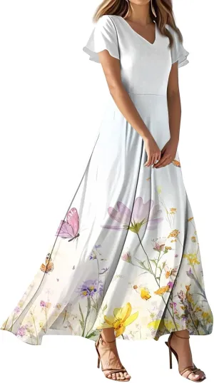 Floral Wedding Guest Dresses for Women Casual Boho V-Neck Ruffle Short Sleeve Aline Swing Long Dress,XS-2XL