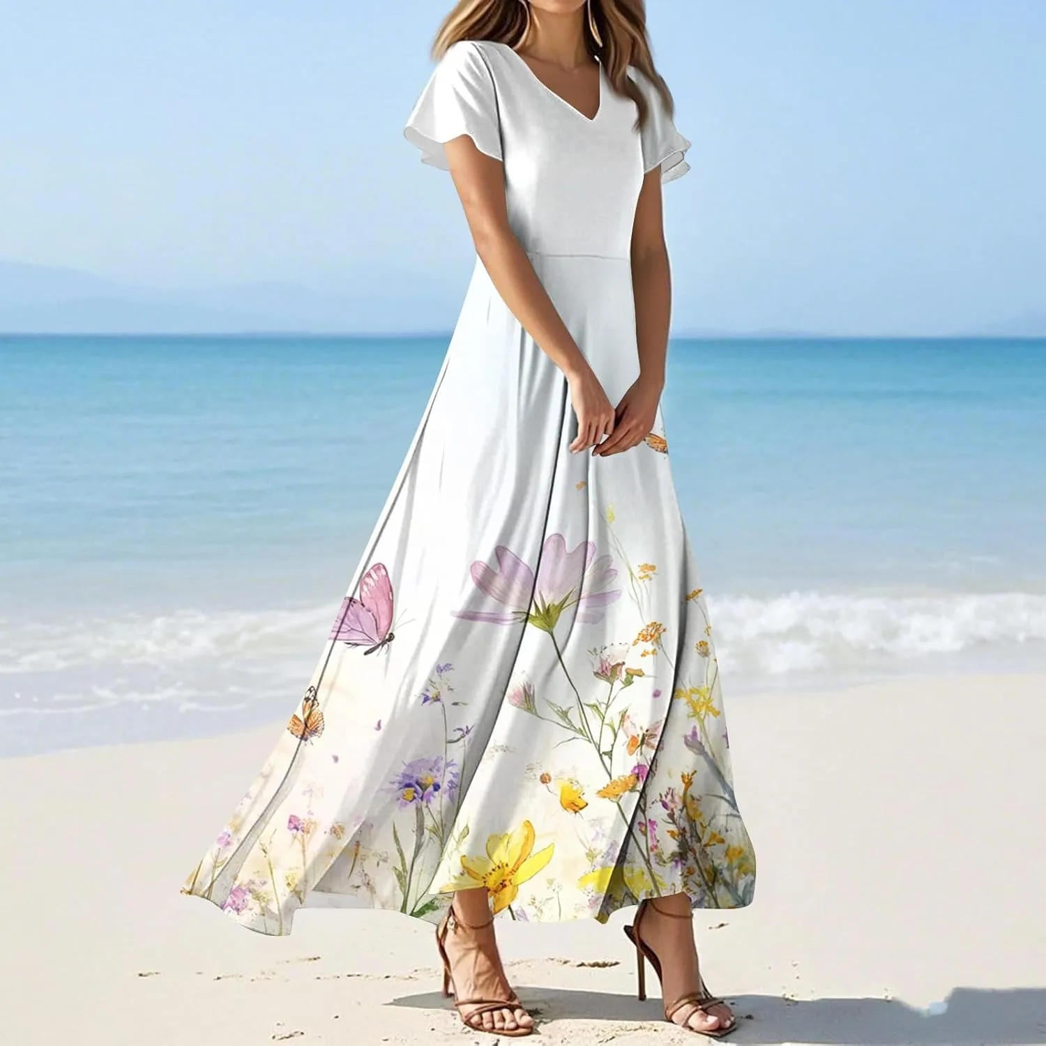 Floral Wedding Guest Dresses for Women Casual Boho V-Neck Ruffle Short Sleeve Aline Swing Long Dress,XS-2XL
