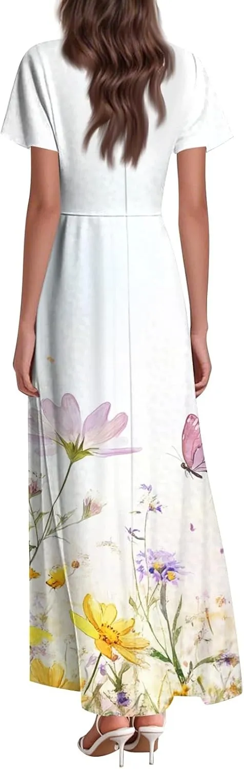 Floral Wedding Guest Dresses for Women Casual Boho V-Neck Ruffle Short Sleeve Aline Swing Long Dress,XS-2XL