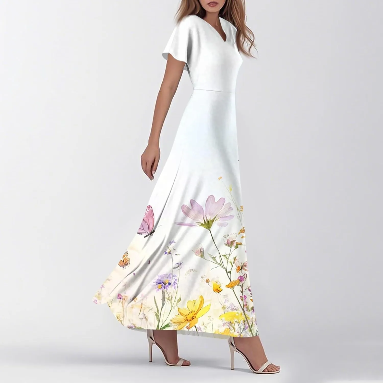 Floral Wedding Guest Dresses for Women Casual Boho V-Neck Ruffle Short Sleeve Aline Swing Long Dress,XS-2XL