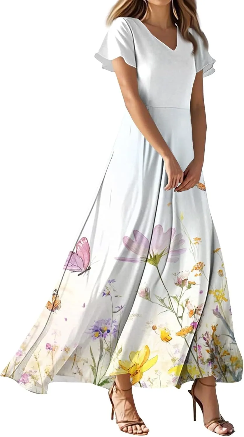 Floral Wedding Guest Dresses for Women Casual Boho V-Neck Ruffle Short Sleeve Aline Swing Long Dress,XS-2XL