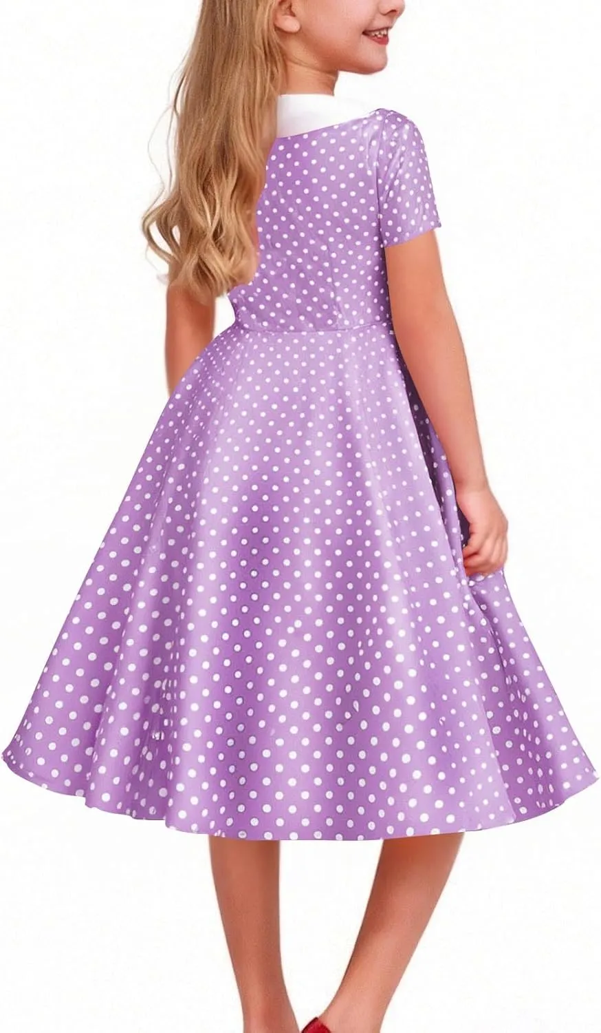 Girls Double Breasted Notch Lapel 50s Vintage Short Sleeve Cocktail Swing Dress Polka Dot 1950s Rockabilly Prom Midi Sundress